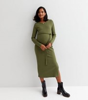 New Look Maternity Khaki Ribbed Split Hem Midi Dress